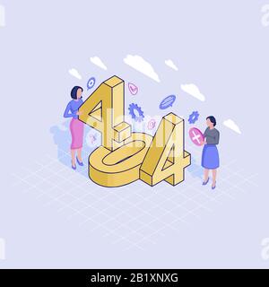404 helpline service isometric illustration. IT specialists fixing page not found problem. Contacting technical call center expert to restore server Stock Vector