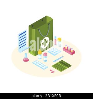 Drugstore bag with prescription list isometric illustration. Calculating treatment cost. Pills, tablets, capsules in blisters. Bottles with mixtures Stock Vector