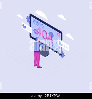 404 error on laptop display isometric illustration. Male developer trying to fix page not found problem. Cartoon technician repairing lost connection Stock Vector
