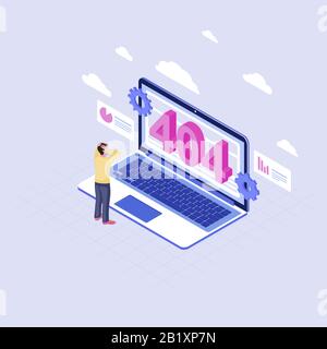 User shocked at 404 problem isometric illustration. Man watching page not found message on laptop display cartoon character. Client cloud service not Stock Vector