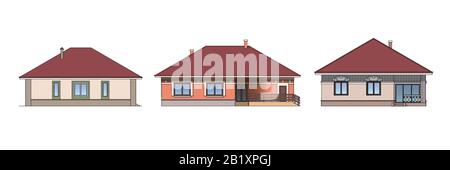 Set of architectural facades of houses. The drawing of the cottages. Isolated on white background. Vector multicolored illustration EPS10 Stock Vector