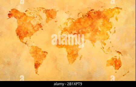 World map in watercolor painting abstract splatters on paper. Stock Photo