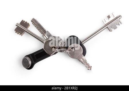 Bunch of five keys on white background Stock Photo