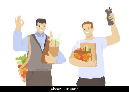 Two man happy joyful people holding zero waste products in hands - bags, kitchen and beauty produts, and showing OK sign. Zero Waste Lifestyle concept Stock Vector