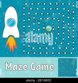 Simple maze. Help the rocket find its way to the earth. Game for kids. Puzzle for children. Labyrinth conundrum. Flat vector illustration isolated on Stock Vector