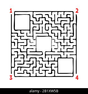 Abstract square maze. Game for kids. Puzzle for children. Four entrances, one exit. Labyrinth conundrum. Flat vector illustration isolated on white ba Stock Vector