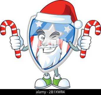 cartoon mascot style of shield badges USA with star in Santa costume with candy Stock Vector