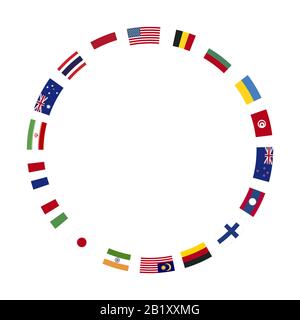 A lot of flags of sovereign states arranged in round frame on a white background Stock Vector