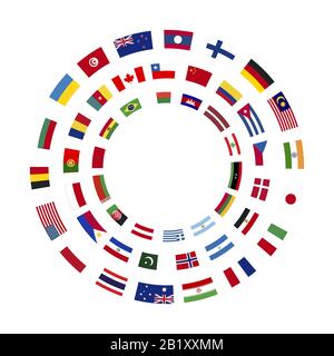 A lot of flags of sovereign states arranged in three circles on a white background Stock Vector