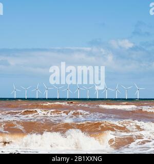 Offshore wind turbines, wind farm at sea, (digital composite) Stock Photo