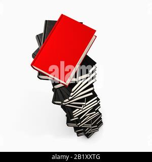 Stack of books, tall big book tower with blank black covers but top book is red, difference or achievement concept Stock Photo