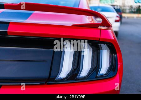 Details of modern car Ford Mustang GT. Backlights of car modern luxury technology and auto detail. Bucharest, Romania, 2020. Stock Photo