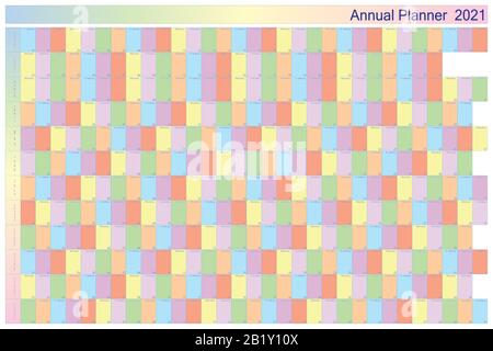 Annual planner 2021 on white with specific color for each day of the week black letters with white contour Stock Vector