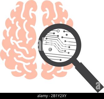 brain, circuit board and magnifying glass. vector illustration Stock Vector
