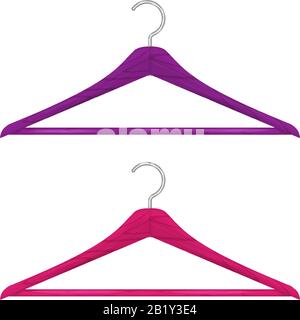 Realistic wooden clothes hanger set isolated on white. Saturated pink and purple hangers. Vector illustration. Stock Vector