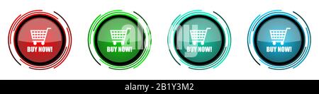 Buy now round glossy vector icons, set of buttons for webdesign, internet and mobile phone applications in four colors options isolated on white backg Stock Vector
