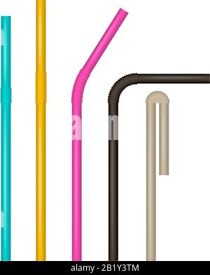 Multi-colored drinking straws. Vector realistic set. Various bends. Cocktail straw mock up. Stock Vector
