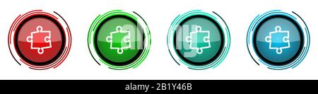 Puzzle round glossy vector icons, set of buttons for webdesign, internet and mobile phone applications in four colors options isolated on white backgr Stock Vector