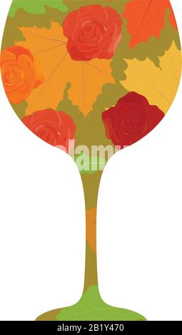 autumn leaves and roses inside wine glass, vector Stock Vector