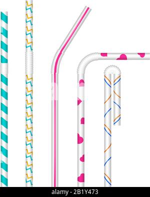 White drinking straws with different patterns. Vector realistic set. Various bends. Cocktail straw mock up. Stock Vector