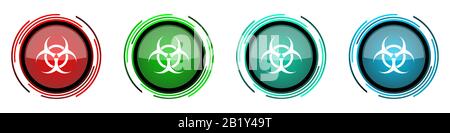 Biohazard round glossy vector icons, set of buttons for webdesign, internet and mobile phone applications in four colors options isolated on white bac Stock Vector
