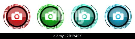 Camera round glossy vector icons, set of buttons for webdesign, internet and mobile phone applications in four colors options isolated on white backgr Stock Vector