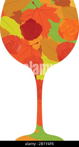 autumn leaves and roses inside wine glass, vector Stock Vector