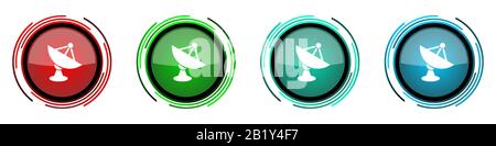 Antenna, satellite, dish, radar round glossy vector icons, set of buttons for webdesign, internet and mobile phone applications in four colors options Stock Vector