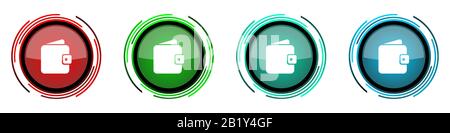 Purse, wallet round glossy vector icons, set of buttons for webdesign, internet and mobile phone applications in four colors options isolated on white Stock Vector
