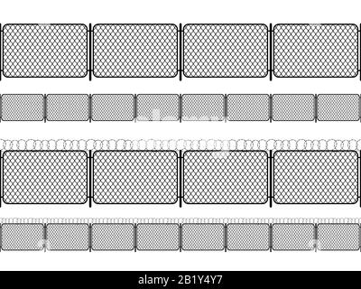Set of chain link fence with barbed wire, black seamless silhouettes isolated on white Stock Vector