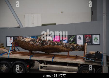 Gateshead, England, 28 February 2020. The National Monument Against Violence and Aggression, also known as the Knife Angel, being prepared to leave Gateshead after a month long stay outside the Sage Gateshead in Performance Square. It is being moved to Southwater Square, Telford, the next stop on its tour. Credit: Colin Edwards/Alamy Live News.
