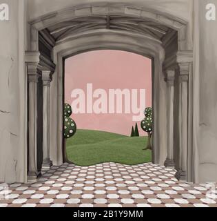 Surreal background of an empty room overlooking a grassy hill Stock Photo