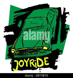 Hand drawn car illustration. Vector T-shirt design with the text joyride. Stock Vector