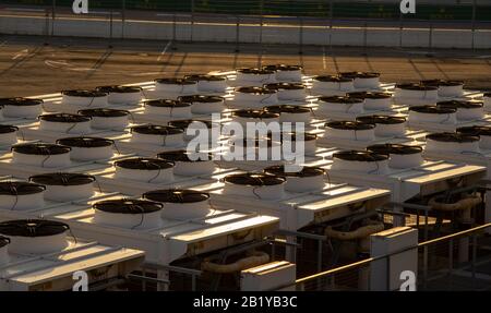 many large industrial air conditioner. compressor machine part of air conditioner system.  Stock Photo