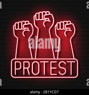 Raised Fist Neon Light Icon. Protest, Support Hand Gesture. Fist Pointing Up. Glowing Sign With Symbols. Vector Stock Vector