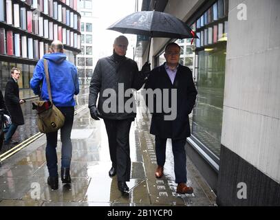 Thomas Kalaris (left) with an unidentified male outside the Old Bailey, London, as he and two other former Barclays senior executives, Roger Jenkins and Richard Boath, have been acquitted of fraud over a £4 billion investment deal with Qatar at the height of the banking crisis. Stock Photo