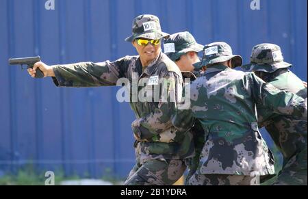 In-service policemen pointing their service firearm during VIP Security ...