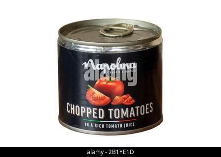 Tin of chopped tomatoes produced by Napolina, cutout on white background, UK tinned or canned food Stock Photo