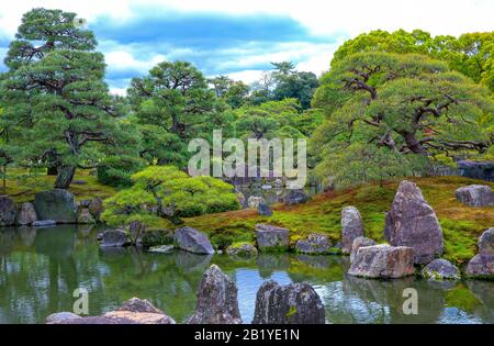 Japan, Kyoto, beautiful trees and pond in the park of the Nijo castle