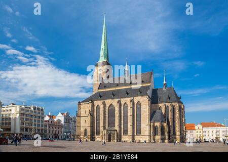 PLZEN, CZECH REPUBLIC, OCTOBER 2018 - Gothic Cathedral of St. Bartholomew in Plzen town, West Bohemian region, Czech republic. Plzen earned title Stock Photo