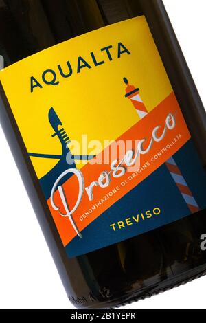 Label on Aqualta bottle of Prosecco from Treviso, Italy Stock Photo