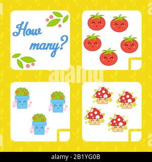 Counting game for preschool children for the development of mathematical abilities. Count the number of objects in the picture. With a place for answe Stock Vector