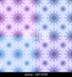 Set of seamless patterns of snowflakes of different colors on a pink, blue, purple background Stock Vector