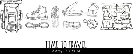 Vector set of hand drawn elements isolated on white. Hiking gear for camping trips, adventurous backpacking. Backpack, boots, map, flashlight Stock Vector