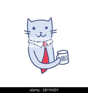 Cartoon business cat in red tie holding mug with Boss word, successful businessman leader picture, kawaii vector illustration isolated on white. Corpo Stock Vector