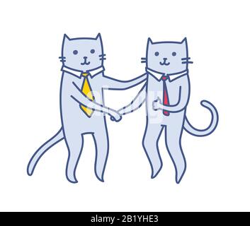 Cartoon business cats shaking hands in agreement with hand in like gesture, successful businessmen team concept, vector illustration isolated on white Stock Vector