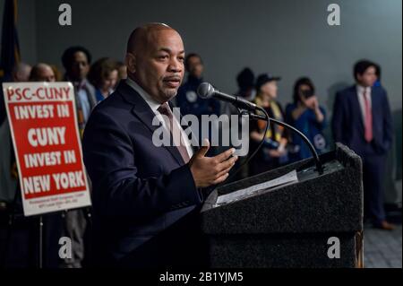 USA. 27th Feb, 2020. New York State Assembly Speaker Carl Heastie. SUNY and CUNY students, faculty and staff from across the state, joined by elected officials, members of the USS, PSC CUNY, NYPIRG and and other student organizations gathered together in Albany on February 27, 2020 for the Higher Ed Action Day, visiting legislators to demand full funding for higher education across the state. (Photo by Erik McGregor/Sipa USA) Credit: Sipa USA/Alamy Live News Stock Photo