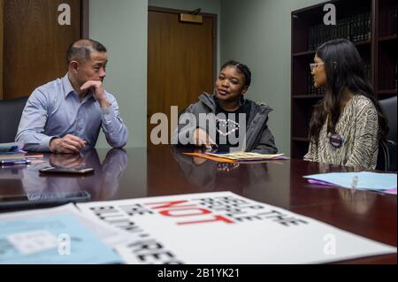 USA. 27th Feb, 2020. NY State Senator John C. Liu meeting with students. SUNY and CUNY students, faculty and staff from across the state, joined by elected officials, members of the USS, PSC CUNY, NYPIRG and and other student organizations gathered together in Albany on February 27, 2020 for the Higher Ed Action Day, visiting legislators to demand full funding for higher education across the state. (Photo by Erik McGregor/Sipa USA) Credit: Sipa USA/Alamy Live News Stock Photo