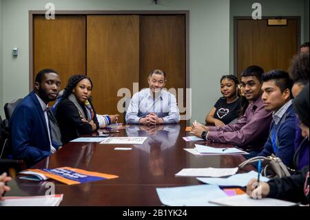 USA. 27th Feb, 2020. NY State Senator John C. Liu meeting with students. SUNY and CUNY students, faculty and staff from across the state, joined by elected officials, members of the USS, PSC CUNY, NYPIRG and and other student organizations gathered together in Albany on February 27, 2020 for the Higher Ed Action Day, visiting legislators to demand full funding for higher education across the state. (Photo by Erik McGregor/Sipa USA) Credit: Sipa USA/Alamy Live News Stock Photo