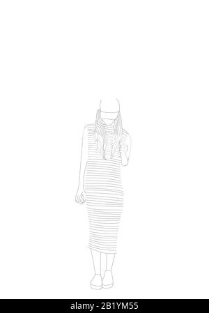 Trendy line drawing of standing young women Cartoon female flat figure, illustration picture. Stock Photo